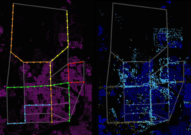 Left: road network, transit lines and stops, and buildings. Right: agents performing different activities shown with different colors.